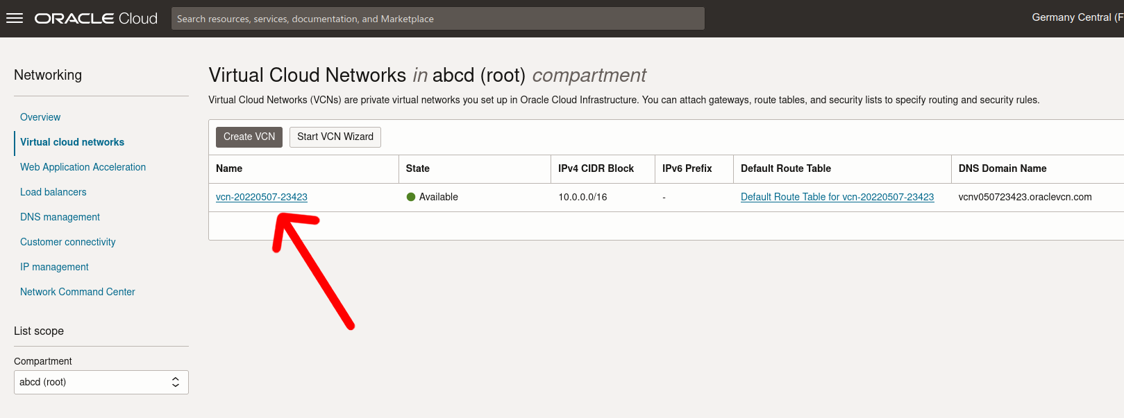 oracloud vcn select